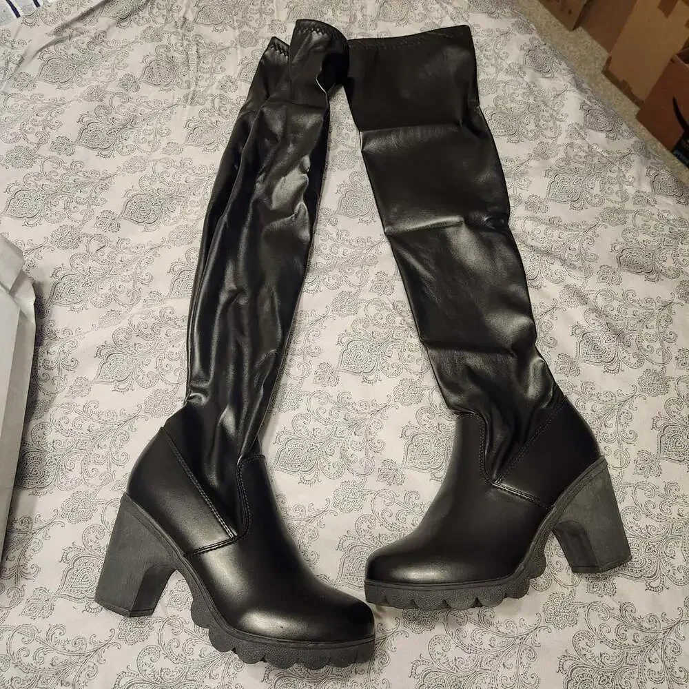 Women's Black PU Leather Over-the-Knee Chunky Block Heel Platform Boots